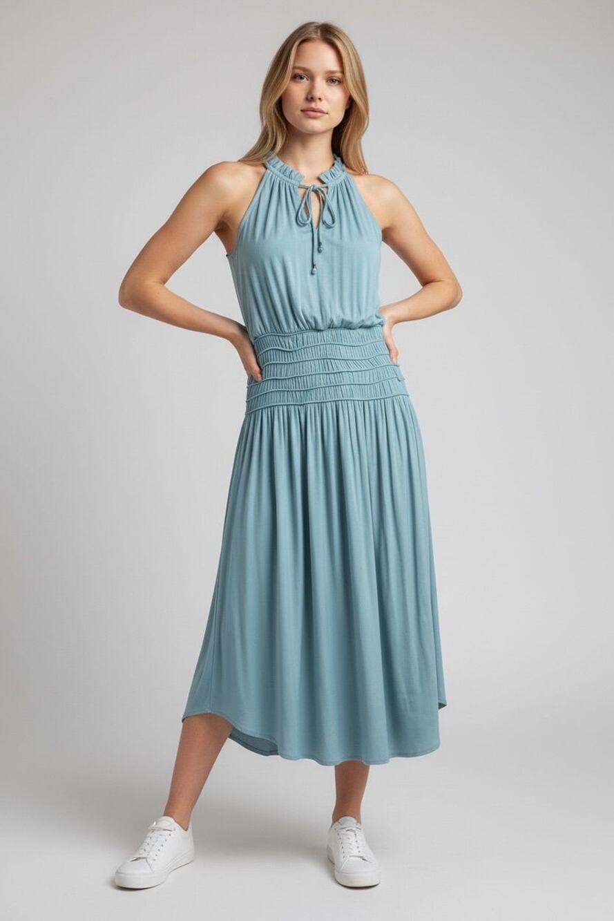 WHBM Aqua Blue Ruched-Waist Maxi Dress